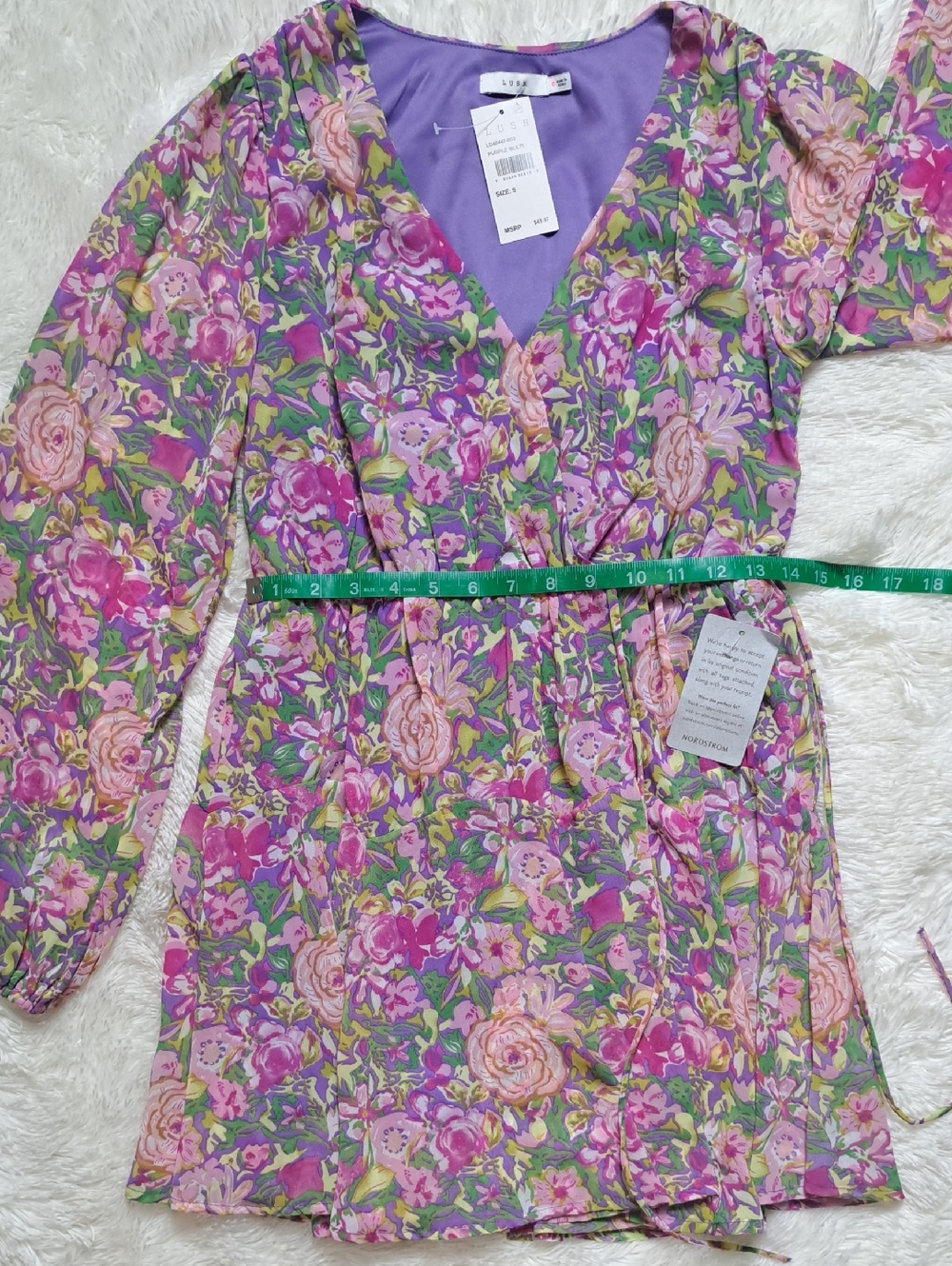 Lush Floral Faux Wrap Long Sleeve Mini Dress Purple Pink NWT Small - Picture 15 of 16